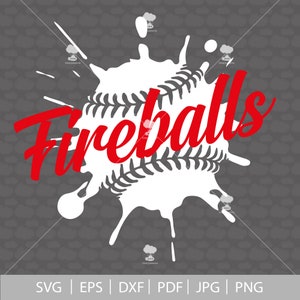 K&ouml;nnte beinhalten: Ein wei&szlig;er Baseball mit roten N&auml;hten und einem roten "Fireballs"-Text dar&uuml;ber. Der Baseball ist mit wei&szlig;er Farbe bespritzt.