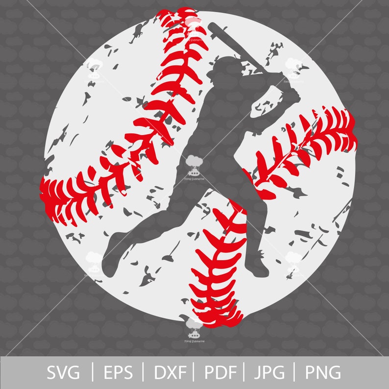 May include: A silhouette of a baseball player swinging a bat in front of a white baseball with red stitching.