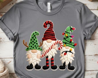 Christmas Gnomes PNG, Faux Yarn Crochet Embroidery Style, Cozy Loop Stitch Sublimation Design