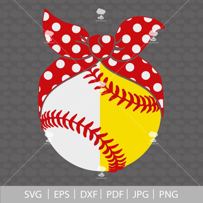 May include: A red and white polka dot bandana tied around a yellow and white baseball. The baseball has red stitching.