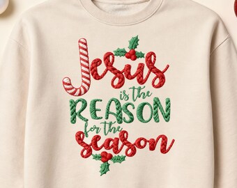 Jesus Is the Reason for the Season PNG, Faux Yarn Crochet Embroidery Christmas Design, Christian Sublimation