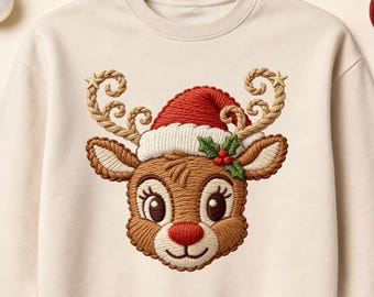 Reindeer in Santa Hat PNG, Faux Yarn Crochet Embroidery Christmas Sublimation File
