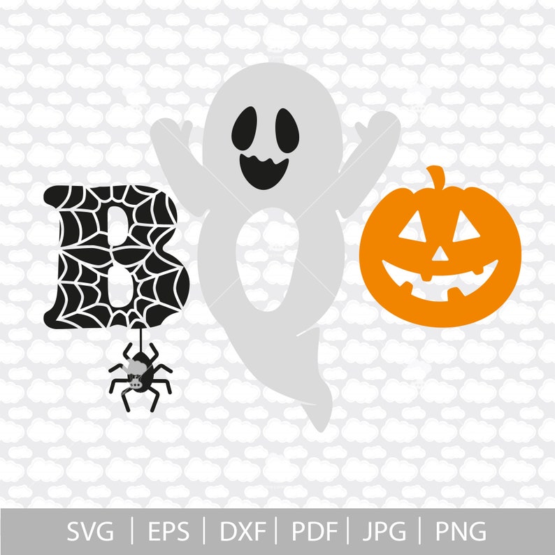 May include: A black spider with a web, a white ghost with a happy face, and an orange pumpkin with a jack-o'-lantern face. The text "BOO" is written in black with a spider web pattern behind the letter "B".