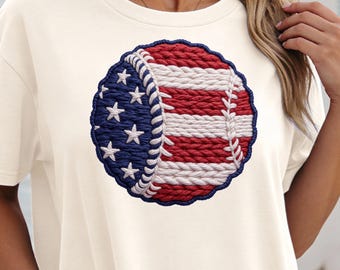 Baseball Mom PNG | American Flag Baseball Faux Yarn Embroidery | Patriotic Sports Mom Design