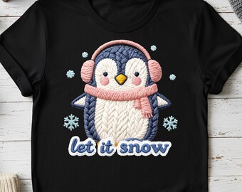 Let It Snow Penguin PNG, Cute Winter Faux Yarn Crochet Embroidery, Loop Stitch Sublimation