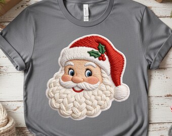 Santa Claus Face PNG, Faux Yarn Crochet Embroidery Style, Loop Stitch Christmas Sublimation File