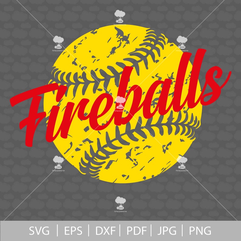 May include: A yellow softball with black stitching and a distressed look. The word "Fireballs" is written in red cursive across the ball.