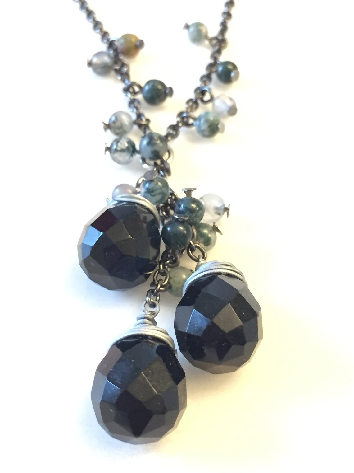 Black Onyx Chain Necklace Black Onyx and Fancy Green Jasper Necklace