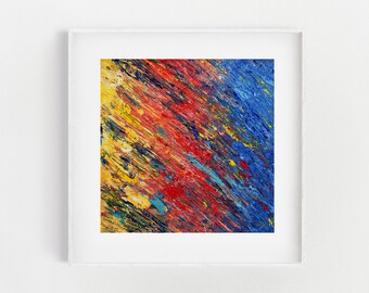May include: Abstract painting with bold strokes of yellow, red, and blue paint. The colors are blended together to create a dynamic and energetic composition.