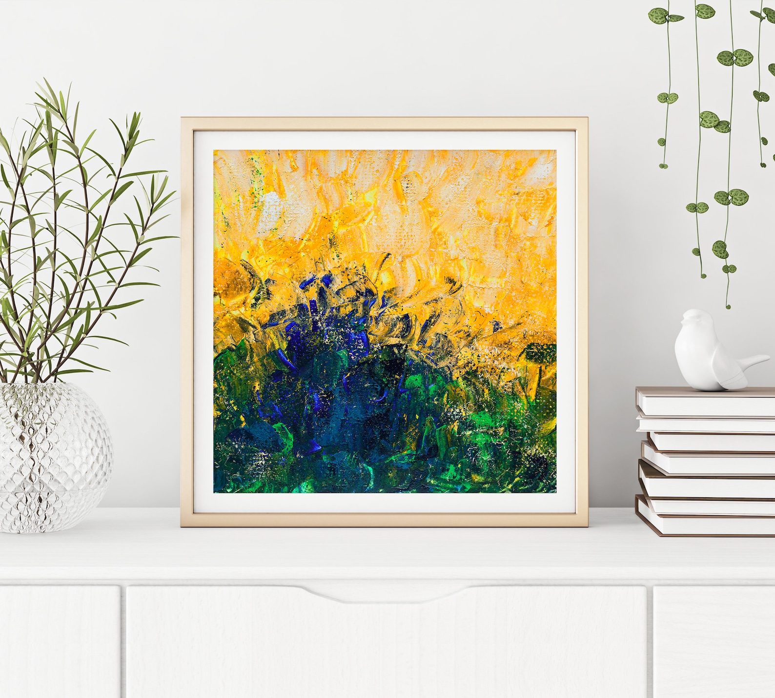 Abstract wall art prints of textured painting in blue yellow | Etsy