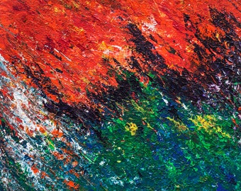 May include: Abstract painting with thick brushstrokes in shades of red, orange, black, green, blue, and white. The colors are blended together to create a dynamic and energetic composition.