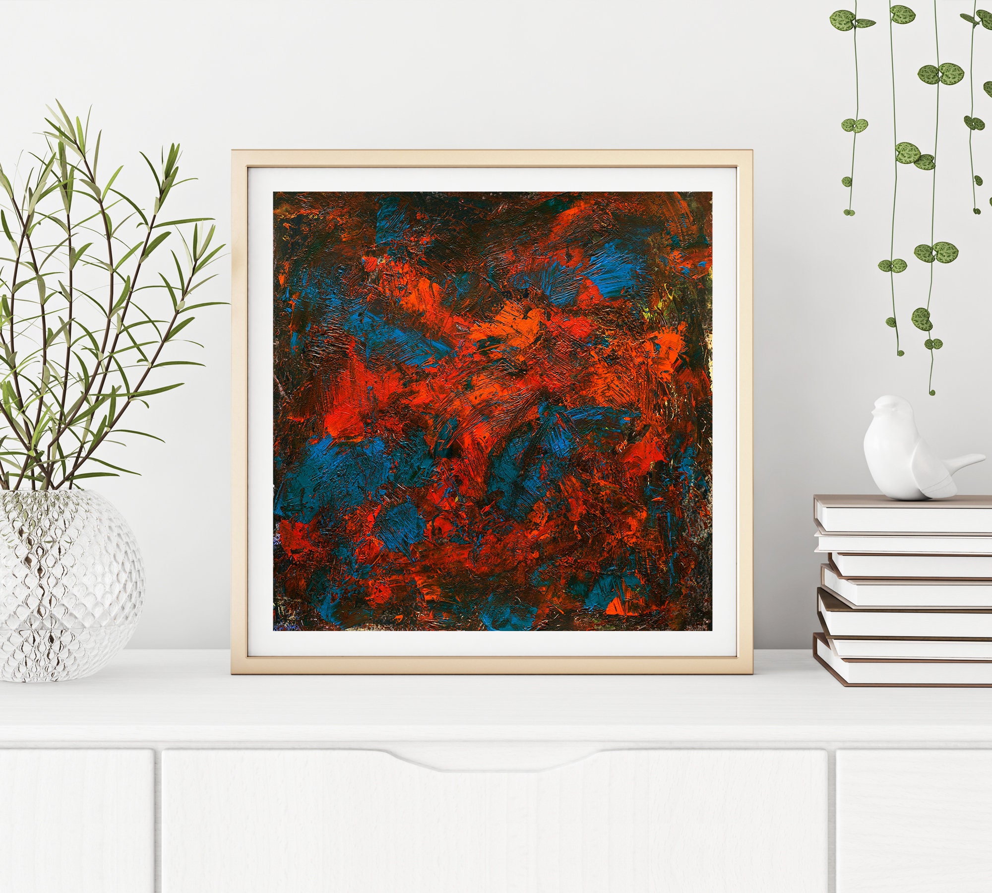 Blue orange abstract art prints and acrylic painting Modern | Etsy