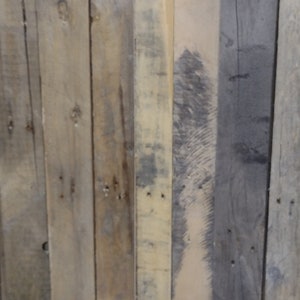 May include: A close-up of a wall made of reclaimed wood planks. The wood is a mix of light and dark brown, with some grey and white streaks. The planks are arranged vertically, and the surface is rough and textured.