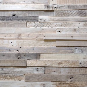 May include: A wall clad in reclaimed wood planks, featuring a range of wood tones and textures. The planks are laid horizontally, giving a rustic and natural aesthetic.