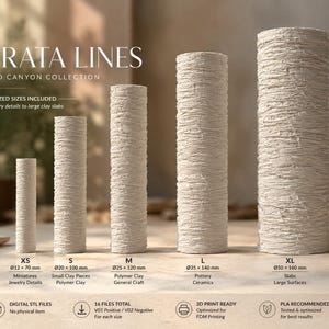 Puede incluir: Cinco rodillos de textura para arcilla cilíndricos de la colección Strata Lines Grand Canyon, que van desde las tallas XS a XL. Cada rodillo presenta un patrón estriado horizontal distintivo. Las dimensiones van de 12x70mm a 50x160mm.