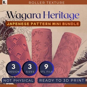 Può includere: Tre rulli cilindrici per stampa 3D color rosa polvere, con motivi in rilievo di ventagli, un pavone tra il fogliame e lanterne sospese. Testo: ROLLER TEXTURE, Wagara Heritage, JAPENESE PATTERN MINI BUNDLE, 3 DESIGN, 3 SIZES, 9 STL FILE, NOT PHYSICAL, READY TO 3D PRINT.