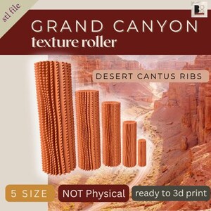 Puede incluir: Cinco rodillos de textura cilíndricos de color naranja con un patrón de costillas de cactus del desierto del Gran Cañón. El texto dice: stl file, GRAND CANYON texture roller, DESERT CANTUS RIBS, 5 SIZE, NOT Physical, ready to 3d print.