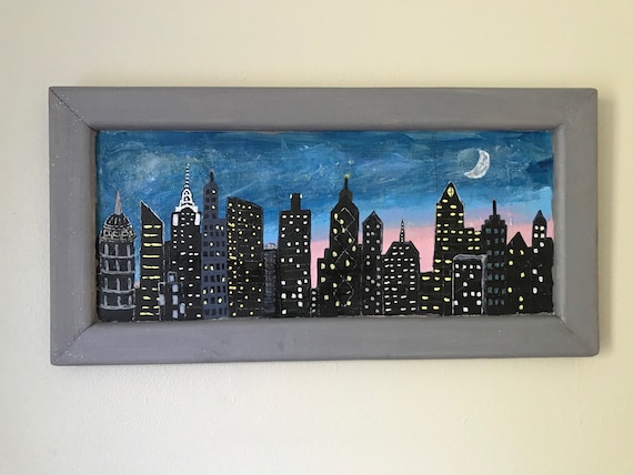 City Skyline Painting on Wood. Ply Wood Painting. Framed Cityscape