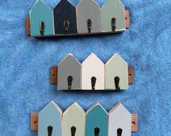 Simple Beach hut key racks. Small plain key hooks for wall. Painted Beach hut key holders. Reclaimed wood key hooks. Seaside themed hooks