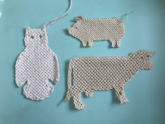 Woven Rope Knot Animal Mats. Rope Crafts. Knot Tying. Owl, Pig