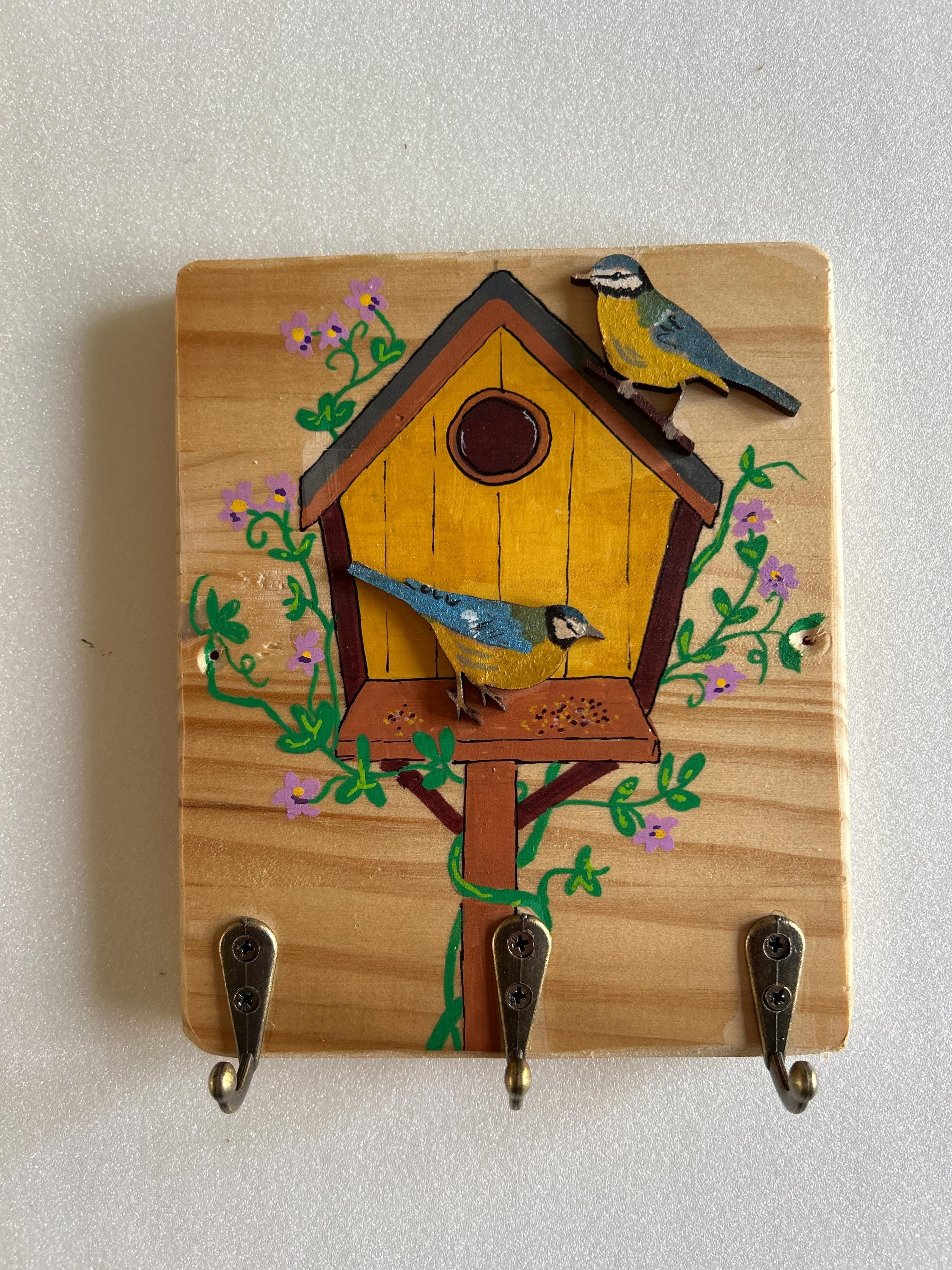 Hand Painted Bird Key Holder: Reclaimed Wood Wall Hooks. Garden Birds ...