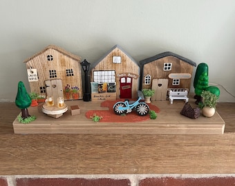 Handmade Wooden House Village Scene Ornament: Miniature Painted Houses.