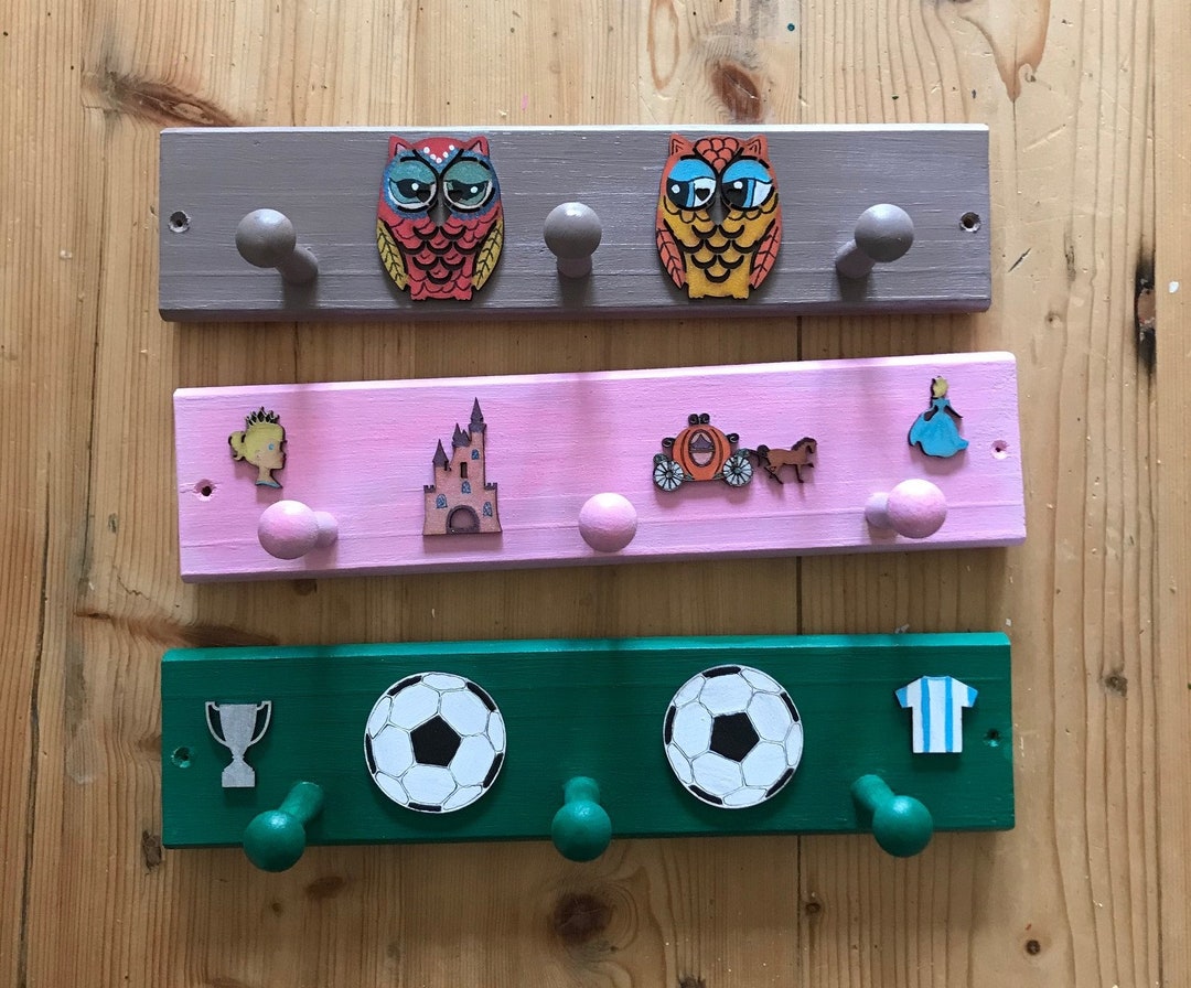 Painted Coat Pegs. Wall Mounted Coat Hanger. Owl Football Princess Coat Rack. Bedroom Hooks and Hangers. Recycled Wood MDF Shapes Etsy