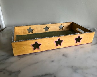 Lightweight tray. Gold painted tray. Storage tray. Decorated storage box. Gift for young girl. Gift for Mum. Felt lined tray.