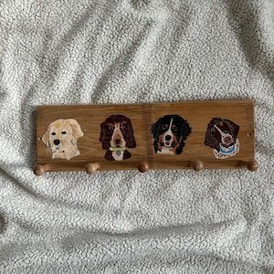 Hand Painted Dog Breed Oak Coat Rack: 5 Peg Leash Hanger.