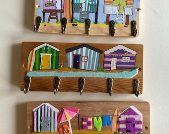 Beach Hut Key Rack: Upcycled Wood Seaside Key Holder. Colourful hanger for keys