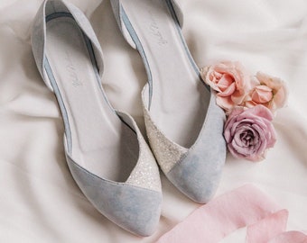 Wedding Shoes For Bride, blue glitter wedding shoes, bridal flats, low heel shoes, wedding flats, gift for her, bridal shoes, ballet flats
