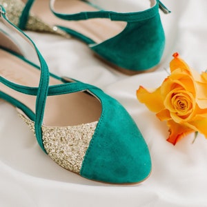 Wedding shoes • green shoes with straps • bridal ballet flats • wedding shoes for bride • bridal flats • wedding flats • ballet flats