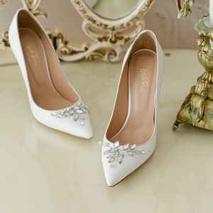 Wedding pumps white wedding shoes bridal heels wedding heels white shoes with decoration gift for her wedding shoes for bride image 3