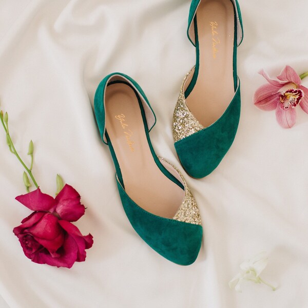 Wedding shoes • emerald green bridal shoes • wedding flats for bride • flats woman • casual shoes • gift for her • minimalist modern shoes