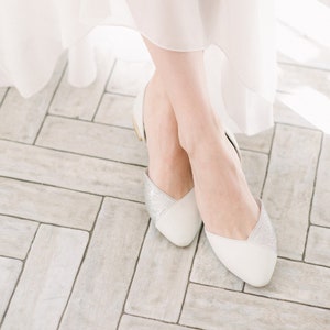 Wedding flat shoes shoes for bride white pumps with silver glitter combination bride flats leather shoes flats gift for her image 3