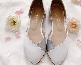 Wedding flat shoes • shoes for bride • white pumps • with silver glitter combination • bride flats • leather shoes • flats gift for her