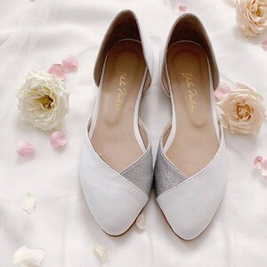 Wedding flat shoes shoes for bride white pumps with silver glitter combination bride flats leather shoes flats gift for her image 1