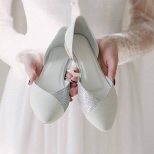 Wedding flat shoes shoes for bride white pumps with silver glitter combination bride flats leather shoes flats gift for her image 7