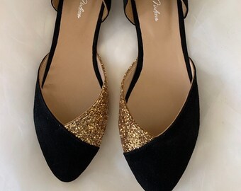 Black and gold colored wedding shoes, bridal flats, wedding shoes for bride, low heel casual woman shoes, handmade elegant ballet shoes