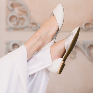 Wedding flat shoes shoes for bride white pumps with silver glitter combination bride flats leather shoes flats gift for her image 9