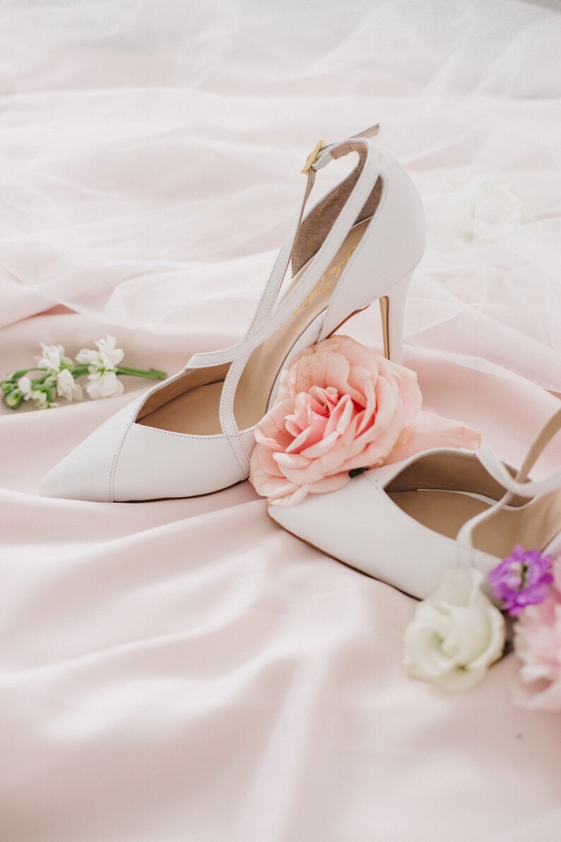 Sale White wedding shoes wedding heels wedding shoes for bride evening shoes with ankle strap bridal shoes leather shoes image 7