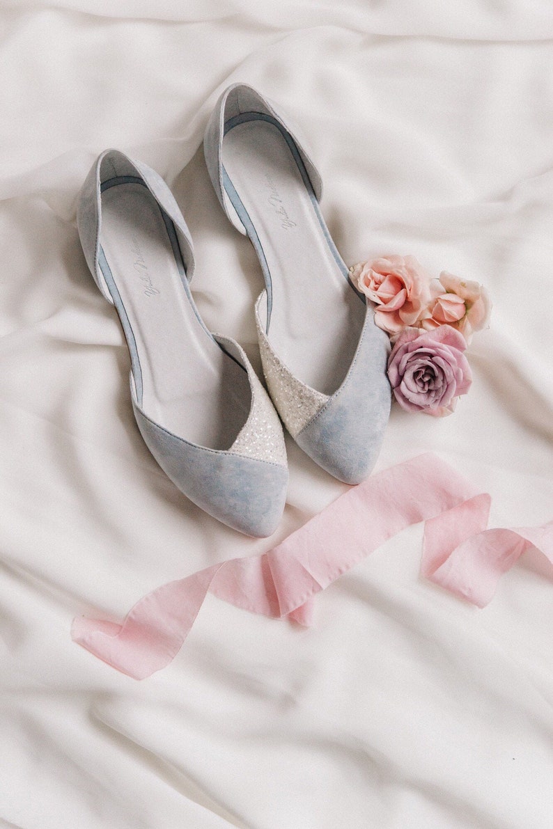 Wedding Shoes For Bride, blue glitter wedding shoes, bridal flats, low heel shoes, wedding flats, gift for her, bridal shoes, ballet flats image 1
