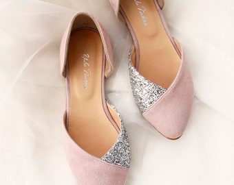 Wedding shoes for bride / Pink and silver bridal flats / low heel shoes / ballet shoes / wedding pumps / flat shoes / gift her