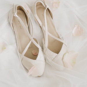 Wedding shoes ivory wedding flats with white gitter wedding shoes for bride bridal flats ankle straps ivory ballet shoes image 4