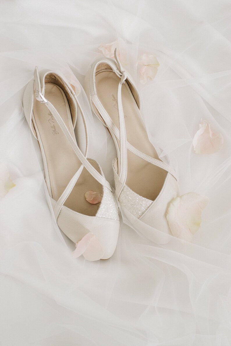 Wedding shoes ivory wedding flats with white gitter wedding shoes for bride bridal flats ankle straps ivory ballet shoes image 4