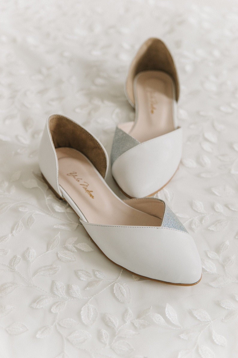 Wedding flat shoes shoes for bride white pumps with silver glitter combination bride flats leather shoes flats gift for her image 2