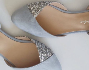 Wedding shoe for bride / Light blue and silver bridal flats / low heel shoes / blue ballet shoes / wedding pumps / something blue / gift her