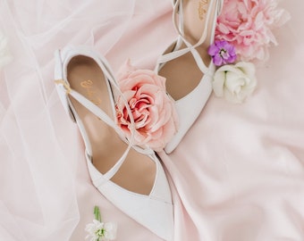 White wedding shoes • wedding heels • wedding shoes for bride • evening shoes with ankle strap • bridal shoes • white leather shoes