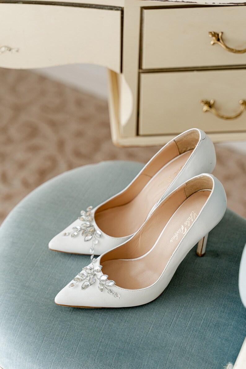 Wedding pumps white wedding shoes bridal heels wedding heels white shoes with decoration gift for her wedding shoes for bride image 2