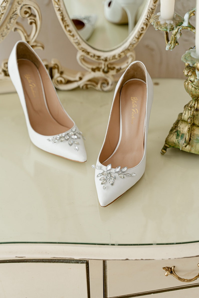 Wedding pumps white wedding shoes bridal heels wedding heels white shoes with decoration gift for her wedding shoes for bride image 3